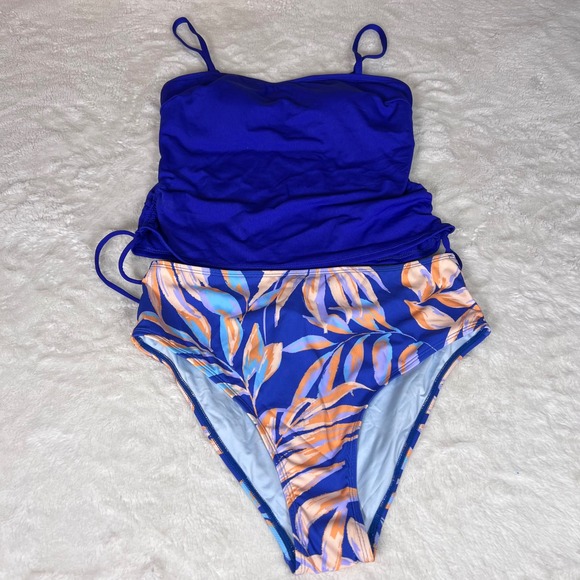 Cupshe Blue Ribbed Tankini Set Tropical Leaf High Waist Bikini Size Large NWT - Picture 4 of 13